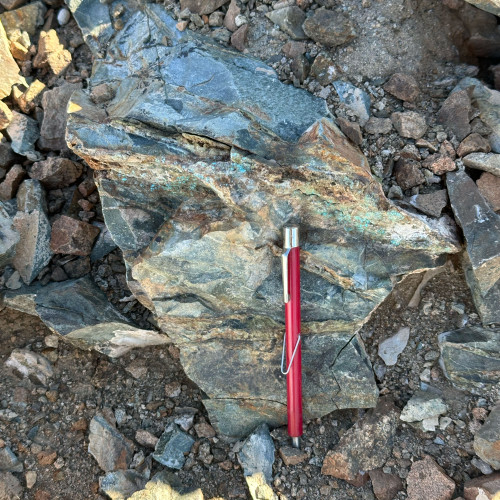 Stockwork in diorite with abundant limonite, copper oxides and epidote veinlets.