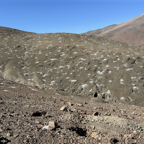 View towards the NE. Surface expression of polydirectional structures and diorite outcrops with stockwork.