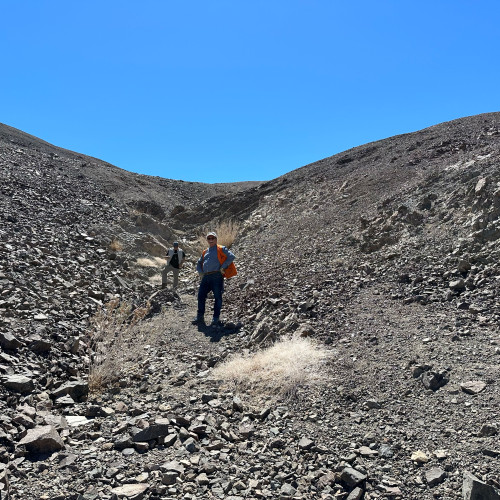 Halcones team in diorite outcrop with stockwork in ravine with heavy coverage